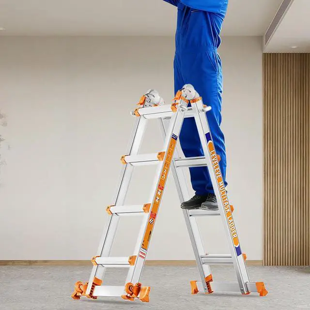 Main image of Multi Position 4 Step Ladder, 14FT Extension Ladder with Stabilizer Bar & Wheels,330 lbs Security Load A Frame Ladder for Stairs Home Indoor Outdoor Roof