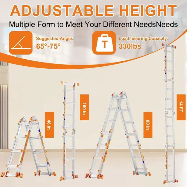 Alt view image 2 of 6 - Multi Position 4 Step Ladder, 14FT Extension Ladder with Stabilizer Bar & Wheels,330 lbs Security Load A Frame Ladder for Stairs Home Indoor Outdoor Roof