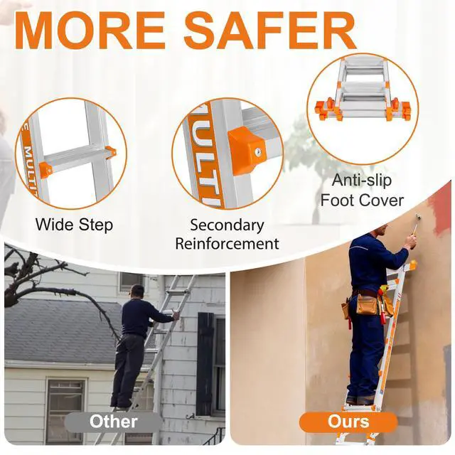 Alt view image 6 of 6 - Multi Position 4 Step Ladder, 14FT Extension Ladder with Stabilizer Bar & Wheels,330 lbs Security Load A Frame Ladder for Stairs Home Indoor Outdoor Roof