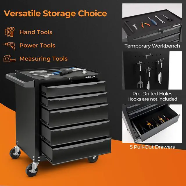 Alt view image 2 of 6 - 5-Drawer Rolling Tool Chest, Steel Tool Storage Cabinet with Handle, Hanging Holes, Central Keyed Locking System, Universal Lockable Wheels, Tool Organizer Box for Garage Workshop