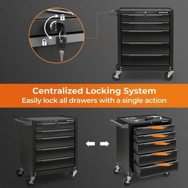 Alt view image 3 of 6 - 5-Drawer Rolling Tool Chest, Steel Tool Storage Cabinet with Handle, Hanging Holes, Central Keyed Locking System, Universal Lockable Wheels, Tool Organizer Box for Garage Workshop