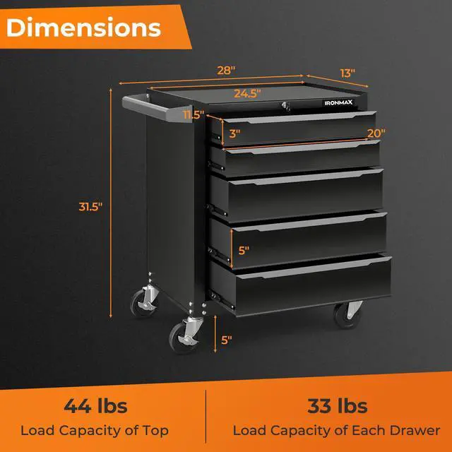 Alt view image 5 of 6 - 5-Drawer Rolling Tool Chest, Steel Tool Storage Cabinet with Handle, Hanging Holes, Central Keyed Locking System, Universal Lockable Wheels, Tool Organizer Box for Garage Workshop