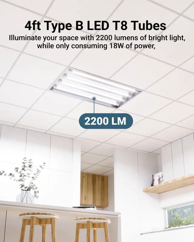 Alt view image 2 of 6 - Sunco 50 Pack T8 LED Bulbs 4 Foot, Tube Light Bulbs Ballast Bypass, 48 Inch Fluorescent Replacement, 2200 LM, 18W, 6000K Daylight Deluxe, Single Ended Power, Type B, Frosted Lens UL