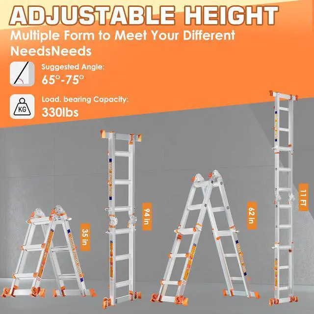 Alt view image 5 of 6 - 11FT Extension Ladder,A Frame 3 Step Ladder with Stabilizer Bar & Wheels,330 lbs Security Load Multi Position Ladder for Stairs Home Indoor Outdoor Roof