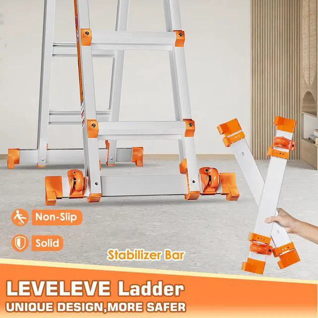 Alt view image 6 of 6 - 11FT Extension Ladder,A Frame 3 Step Ladder with Stabilizer Bar & Wheels,330 lbs Security Load Multi Position Ladder for Stairs Home Indoor Outdoor Roof