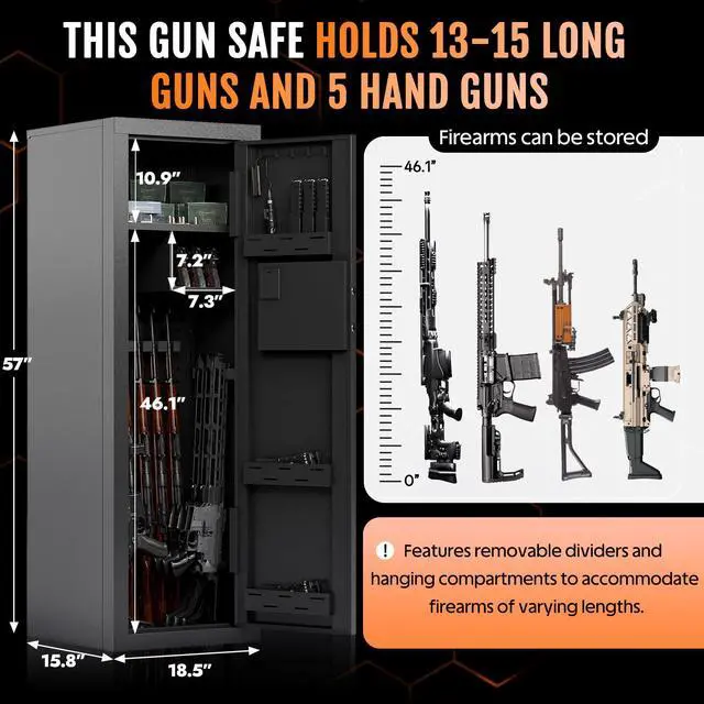 Alt view image 3 of 6 - 13-15 Biometric Gun Safe for Rifles and Pistols,Gun Safes with Adjustable Cabinet & Pistols Racks,Fingerprint Gun Cabinet with Alarm,Heavy Duty Steel Rifle Safe for Home Garage Bedroom