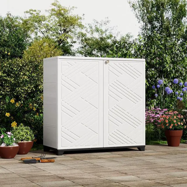 Alt view image 2 of 6 - Indoor/Outdoor Storage Cabinet Waterproof, 34"x15"x34" Plastic Outdoor Storage Box for Garden Balcony Bathroom, All Weather Outdoor Storage Clearance, DIY Usage, with 1 Shelf (White)