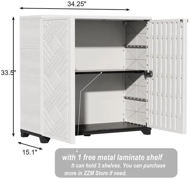 Alt view image 3 of 6 - Indoor/Outdoor Storage Cabinet Waterproof, 34"x15"x34" Plastic Outdoor Storage Box for Garden Balcony Bathroom, All Weather Outdoor Storage Clearance, DIY Usage, with 1 Shelf (White)