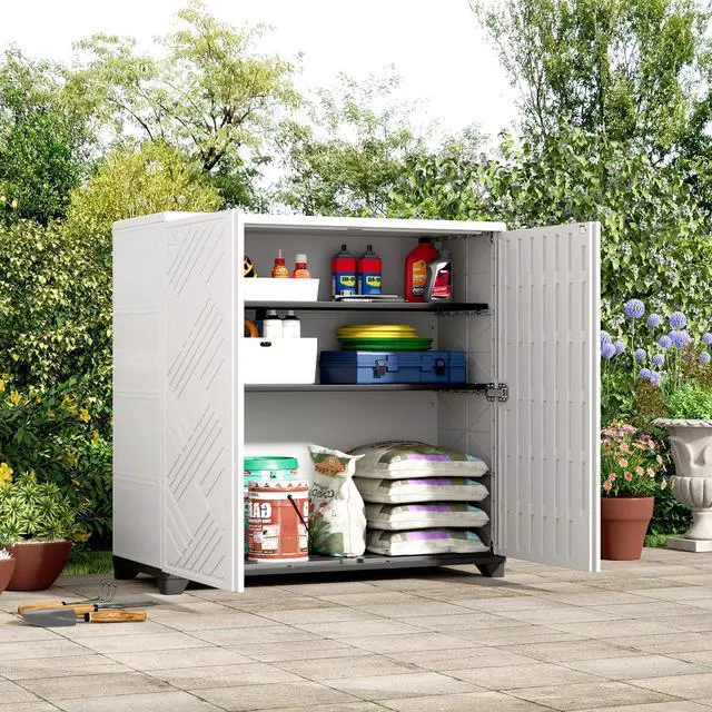 Alt view image 4 of 6 - Indoor/Outdoor Storage Cabinet Waterproof, 34"x15"x34" Plastic Outdoor Storage Box for Garden Balcony Bathroom, All Weather Outdoor Storage Clearance, DIY Usage, with 1 Shelf (White)