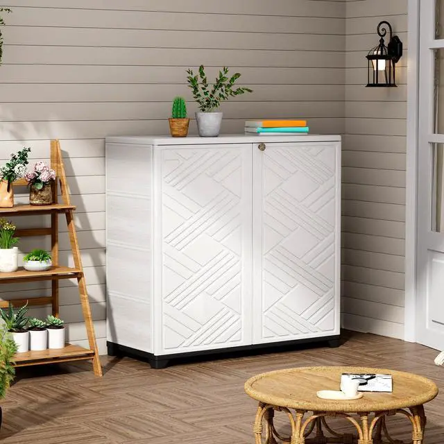 Alt view image 5 of 6 - Indoor/Outdoor Storage Cabinet Waterproof, 34"x15"x34" Plastic Outdoor Storage Box for Garden Balcony Bathroom, All Weather Outdoor Storage Clearance, DIY Usage, with 1 Shelf (White)