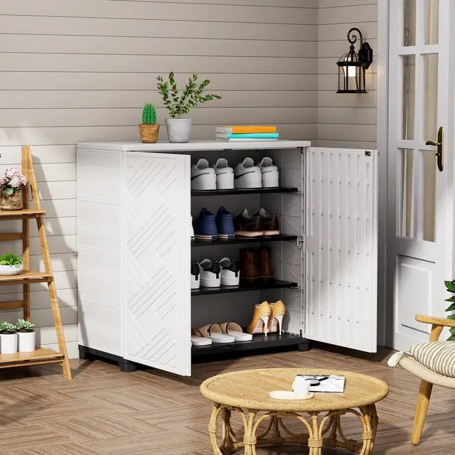 Alt view image 6 of 6 - Indoor/Outdoor Storage Cabinet Waterproof, 34"x15"x34" Plastic Outdoor Storage Box for Garden Balcony Bathroom, All Weather Outdoor Storage Clearance, DIY Usage, with 1 Shelf (White)