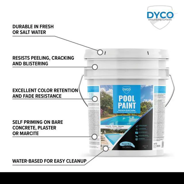 Alt view image 3 of 6 - Dyco Waterborne Acrylic Pool Paint, Resistant to UV, Water, Salt, Chemicals, Fading, Cracking & More, Seals Hairline Cracks (Ocean Blue, 5 Gallon)