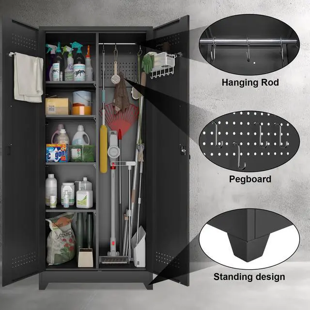 Alt view image 4 of 6 - Metal Locking Cabinet, 72.8" Tall Storage Cabinet for Broom, Garage Storage Cabinet with Doors and Shelves, Heavy Duty Tool Cabinet for Home Office, School, Basement,Gym