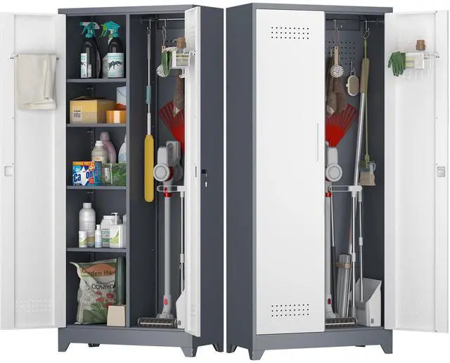 Main image of Broom Storage Cabinet, Metal Cabinet with Shelves and Hanging Rod, 72.8" Utility Cabinets with Locking Door, Tall Cleaning Storage for Kitchen, Pantry, Office, Shop, Garage