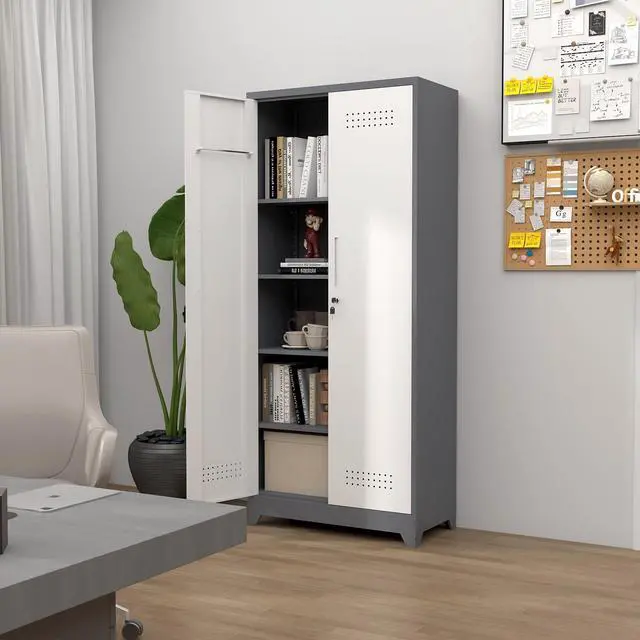 Alt view image 2 of 6 - Broom Storage Cabinet, Metal Cabinet with Shelves and Hanging Rod, 72.8" Utility Cabinets with Locking Door, Tall Cleaning Storage for Kitchen, Pantry, Office, Shop, Garage