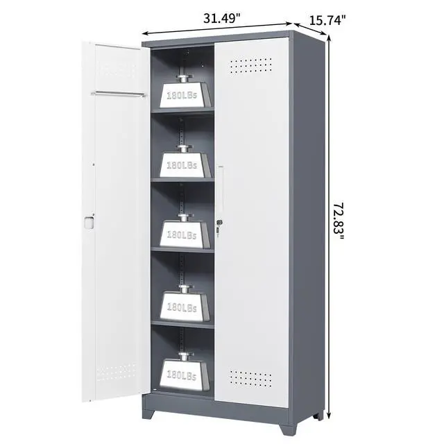 Alt view image 3 of 6 - Broom Storage Cabinet, Metal Cabinet with Shelves and Hanging Rod, 72.8" Utility Cabinets with Locking Door, Tall Cleaning Storage for Kitchen, Pantry, Office, Shop, Garage