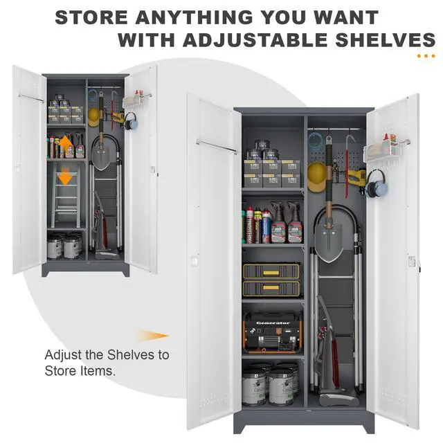 Alt view image 4 of 6 - Broom Storage Cabinet, Metal Cabinet with Shelves and Hanging Rod, 72.8" Utility Cabinets with Locking Door, Tall Cleaning Storage for Kitchen, Pantry, Office, Shop, Garage