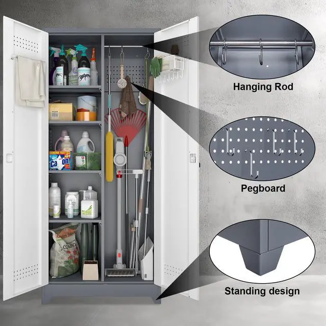 Alt view image 5 of 6 - Broom Storage Cabinet, Metal Cabinet with Shelves and Hanging Rod, 72.8" Utility Cabinets with Locking Door, Tall Cleaning Storage for Kitchen, Pantry, Office, Shop, Garage