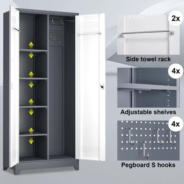 Alt view image 6 of 6 - Broom Storage Cabinet, Metal Cabinet with Shelves and Hanging Rod, 72.8" Utility Cabinets with Locking Door, Tall Cleaning Storage for Kitchen, Pantry, Office, Shop, Garage