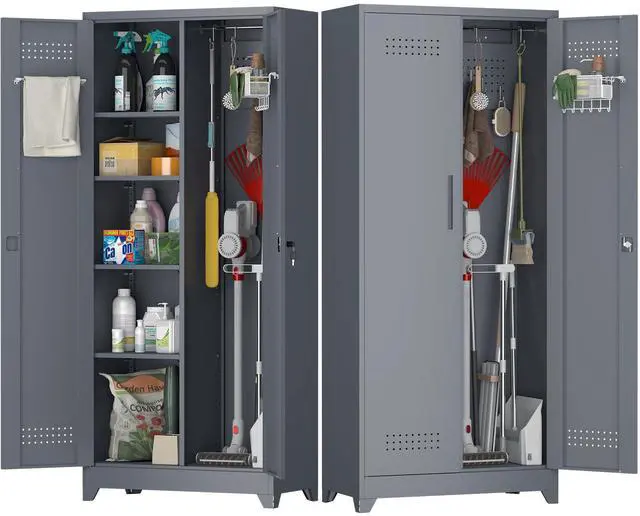 Main image of Metal Tool Storage Cabinet, Broom Closet with Hooks, 72.8" Tall Garage Cabinet with Shelves, Heavy-Duty Cleaning Storage for Utility Room, Gym, Office, Garage