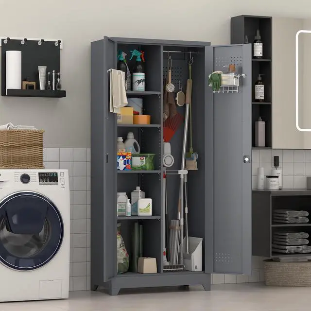 Alt view image 2 of 6 - Metal Tool Storage Cabinet, Broom Closet with Hooks, 72.8" Tall Garage Cabinet with Shelves, Heavy-Duty Cleaning Storage for Utility Room, Gym, Office, Garage
