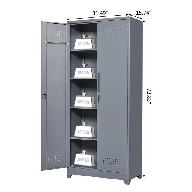 Alt view image 3 of 6 - Metal Tool Storage Cabinet, Broom Closet with Hooks, 72.8" Tall Garage Cabinet with Shelves, Heavy-Duty Cleaning Storage for Utility Room, Gym, Office, Garage