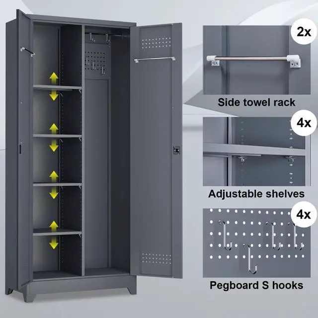 Alt view image 4 of 6 - Metal Tool Storage Cabinet, Broom Closet with Hooks, 72.8" Tall Garage Cabinet with Shelves, Heavy-Duty Cleaning Storage for Utility Room, Gym, Office, Garage