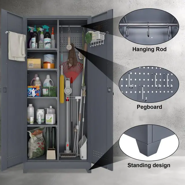 Alt view image 5 of 6 - Metal Tool Storage Cabinet, Broom Closet with Hooks, 72.8" Tall Garage Cabinet with Shelves, Heavy-Duty Cleaning Storage for Utility Room, Gym, Office, Garage