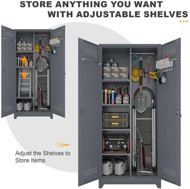 Alt view image 6 of 6 - Metal Tool Storage Cabinet, Broom Closet with Hooks, 72.8" Tall Garage Cabinet with Shelves, Heavy-Duty Cleaning Storage for Utility Room, Gym, Office, Garage