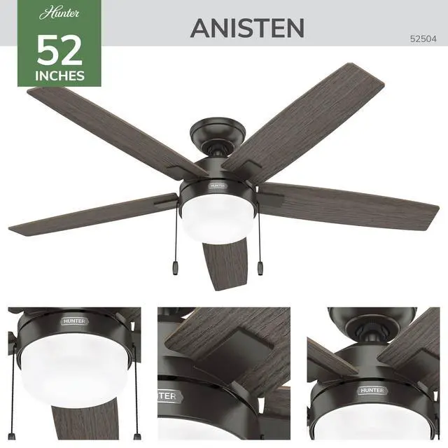 Alt view image 4 of 6 - 52" Anisten Indoor Ceiling Fan, LED Light, Pull Chain, Noble Bronze | WhisperWind whisper-quiet motor, DuraLight lens, and 3" downrod support bedrooms, offices, and great rooms year-round
