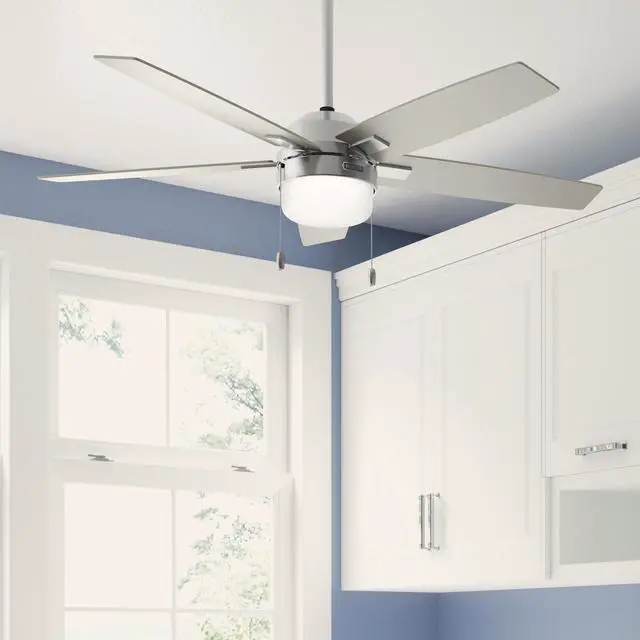 Main image of 52" Anisten Indoor Ceiling Fan, Light, Pull Chain, Brushed Nickel | WhisperWind whisper-quiet motor, DuraLight lens, and 3" downrod support bedrooms, offices, and great rooms year-round