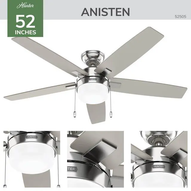 Alt view image 4 of 6 - 52" Anisten Indoor Ceiling Fan, Light, Pull Chain, Brushed Nickel | WhisperWind whisper-quiet motor, DuraLight lens, and 3" downrod support bedrooms, offices, and great rooms year-round
