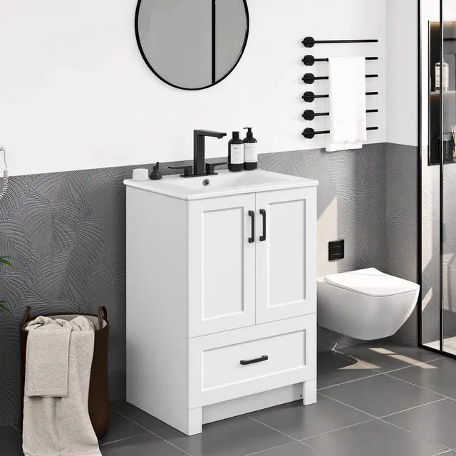 Main image of 24.5" Modern Bathroom Vanity with Ceramic Basin, Undermount Vanity Sink Cabinet with 2 Doors and 1 Drawer, Free Standing Bathroom Storage Cabinet with Sink Combo Set, White