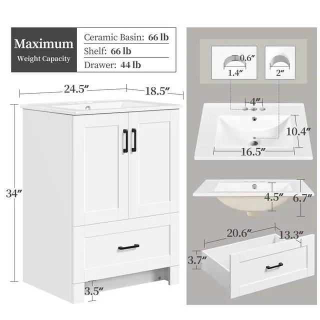 Alt view image 2 of 6 - 24.5" Modern Bathroom Vanity with Ceramic Basin, Undermount Vanity Sink Cabinet with 2 Doors and 1 Drawer, Free Standing Bathroom Storage Cabinet with Sink Combo Set, White