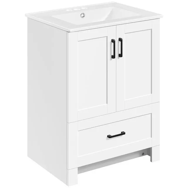 Alt view image 3 of 6 - 24.5" Modern Bathroom Vanity with Ceramic Basin, Undermount Vanity Sink Cabinet with 2 Doors and 1 Drawer, Free Standing Bathroom Storage Cabinet with Sink Combo Set, White