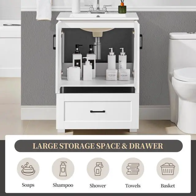 Alt view image 6 of 6 - 24.5" Modern Bathroom Vanity with Ceramic Basin, Undermount Vanity Sink Cabinet with 2 Doors and 1 Drawer, Free Standing Bathroom Storage Cabinet with Sink Combo Set, White