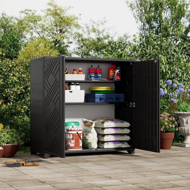 Alt view image 4 of 6 - Indoor/Outdoor Storage Cabinet Waterproof, 34"x15"x34" Plastic Outdoor Storage Box for Garden Balcony Bathroom, All Weather Outdoor Storage Clearance, DIY Usage, with No Shelf (Black)