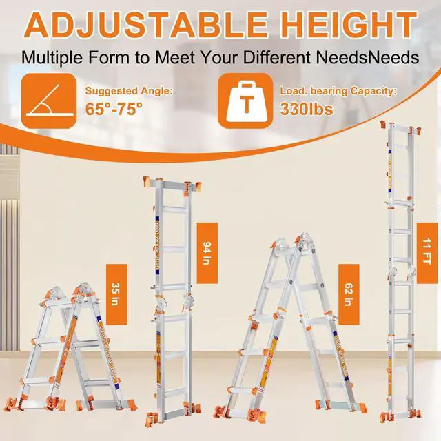 Alt view image 2 of 6 - Multi Position 3 Step Ladder, 11FT Extension Ladder with Stabilizer Bar & Wheels,330 lbs Security Load A Frame Ladder for Stairs Home Indoor Outdoor Roof