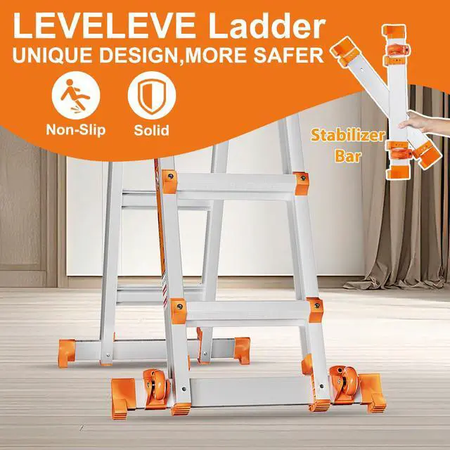 Alt view image 3 of 6 - Multi Position 3 Step Ladder, 11FT Extension Ladder with Stabilizer Bar & Wheels,330 lbs Security Load A Frame Ladder for Stairs Home Indoor Outdoor Roof