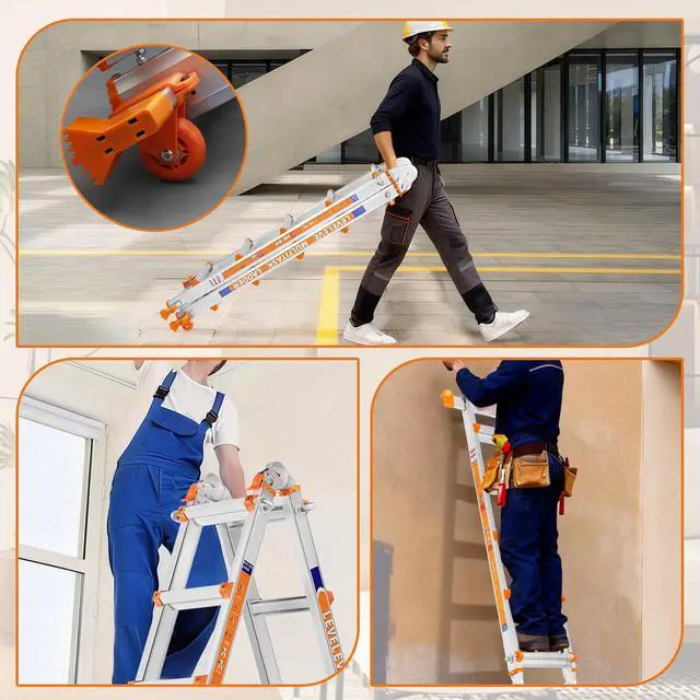 Alt view image 6 of 6 - Multi Position 3 Step Ladder, 11FT Extension Ladder with Stabilizer Bar & Wheels,330 lbs Security Load A Frame Ladder for Stairs Home Indoor Outdoor Roof