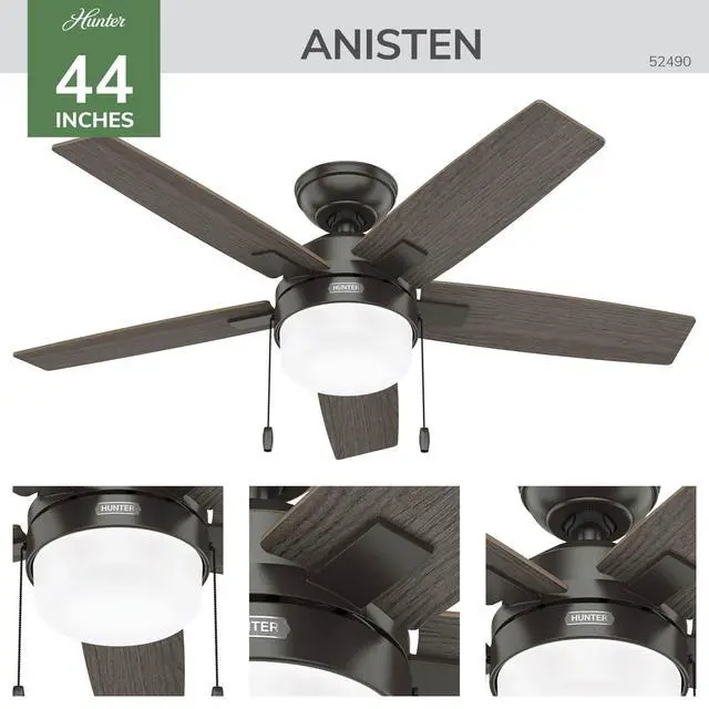 Alt view image 4 of 6 - 44" Anisten Indoor Ceiling Fan, LED Light, Pull Chain, Noble Bronze | WhisperWind whisper-quiet motor, DuraLight lens, and 3" downrod support bedrooms, offices, and small rooms year-round