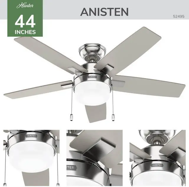 Alt view image 4 of 6 - 44" Anisten Indoor Ceiling Fan, Light, Pull Chain, Brushed Nickel | WhisperWind whisper-quiet motor, DuraLight lens, and 3" downrod support bedrooms, offices, and small rooms year-round