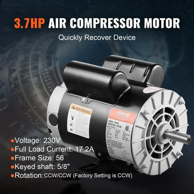 Alt view image 2 of 6 - 3.7HP Air Compressor Motor, 3450RPM Electric Motor, 230V 17.2 Amps, 5/8" Keyed Shaft 56 Frame, 1.88" Shaft Length, Single Phase, CCW/CW Rotation (Factory Setting is CCW)