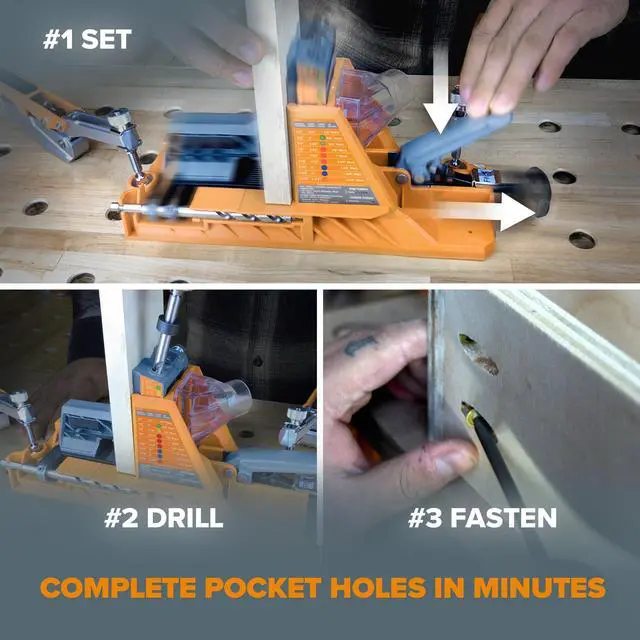 Alt view image 3 of 6 - Automatic Pocket Hole Jig with 800 pc Fine Thread Screws, Auto Adjusting Drill Guide, Pocket Hole Jig Kit for Woodworking - For Materials 1/2 inch to 1 1/2 inch Thick, Power Tool Accessory Jigs
