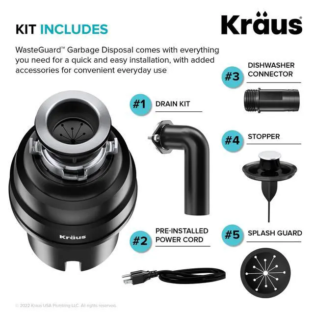 Alt view image 2 of 6 - WasteGuard 1 HP Ultra-Quiet Garbage Disposal with Quick Connect, Kitchen Sink Drain Cover, Power Cord and Flange Included, KWD100-100MBL