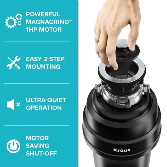 Alt view image 3 of 6 - WasteGuard 1 HP Ultra-Quiet Garbage Disposal with Quick Connect, Kitchen Sink Drain Cover, Power Cord and Flange Included, KWD100-100MBL