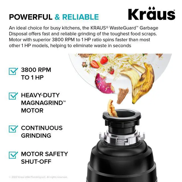 Alt view image 5 of 6 - WasteGuard 1 HP Ultra-Quiet Garbage Disposal with Quick Connect, Kitchen Sink Drain Cover, Power Cord and Flange Included, KWD100-100MBL