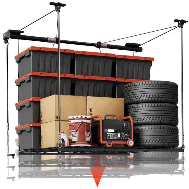 Main image of Overhead Garage Storage Rack Lift, 4x4 Ft Heavy-Duty Garage Ceiling Storage Racks, Adjustable Organization System With 71'' L Axle, 350lbs Load Capacity, Flat Black