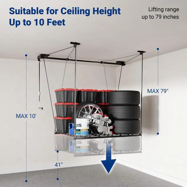Alt view image 4 of 6 - Overhead Garage Storage Rack Lift, 4x4 Ft Heavy-Duty Garage Ceiling Storage Racks, Adjustable Organization System With 71'' L Axle, 350lbs Load Capacity, Flat Black