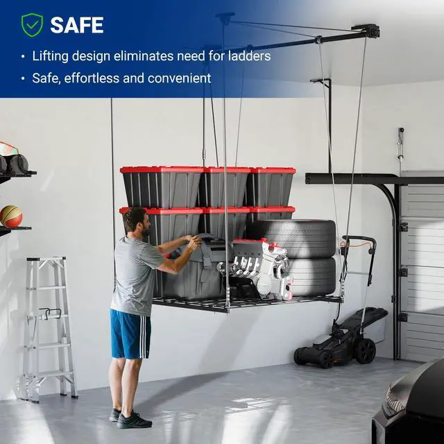 Alt view image 5 of 6 - Overhead Garage Storage Rack Lift, 4x4 Ft Heavy-Duty Garage Ceiling Storage Racks, Adjustable Organization System With 71'' L Axle, 350lbs Load Capacity, Flat Black